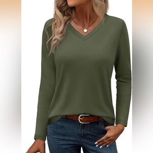 YUCOLEN Long Sleeve Shirts V Neck Cotton T-Shirt Solid Casual Tops Basic Tees